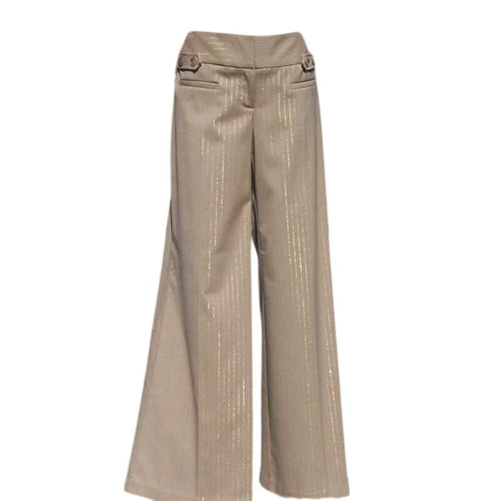 Cache Tan Wide Leg Self Belt Beige Metallic Herringbone Stripe Pant New $118 NWT